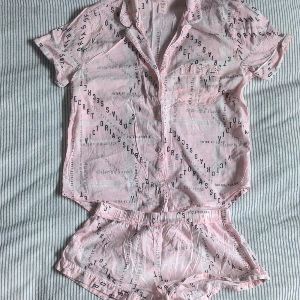 Victoria's Secret Pink Logo Short-Sleeve Pajama Set, Small top, XS shorts